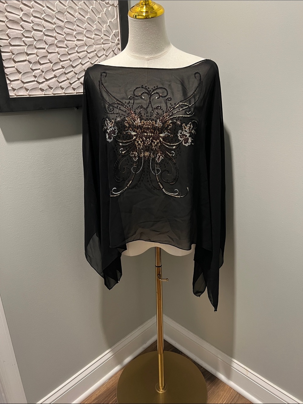 Soprano Black Sheer Embellished Poncho Blouse